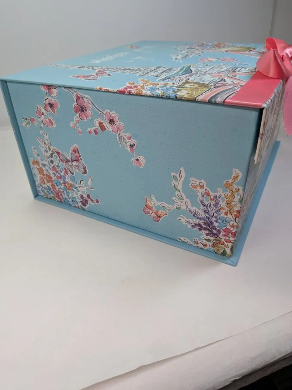 Paris France Storage Box Eiffel Tower Pink Ribbon Spring Floral Blue